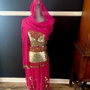 5-pc Pink Belly Dance Costume w/ Beads & Gold Coins  Sz Small 4/6